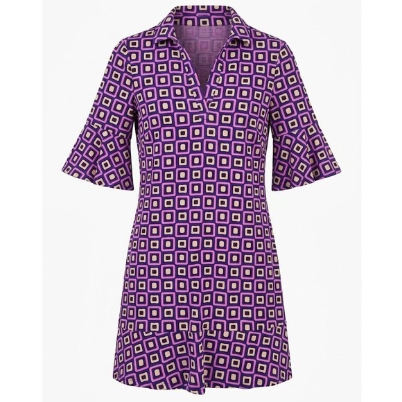 tyler böe Dresses & Skirts - Tyler Boe Purple Geometric Square Print Bell Sleeve Ruffle Hem Shift Dress Small